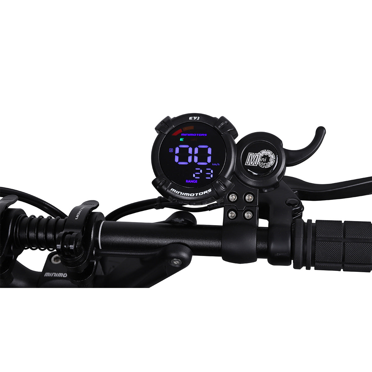 Close-up of the Dualtron Forever handlebar with digital display and control system.